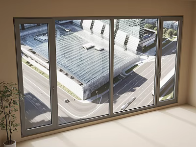 Contemporary Casement Window With Large Glass Panels Showing Urban Building And Road View 3d model