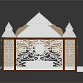 Display Cabinet Shelf With White Roof Brown Frame And Carved Decorative Design