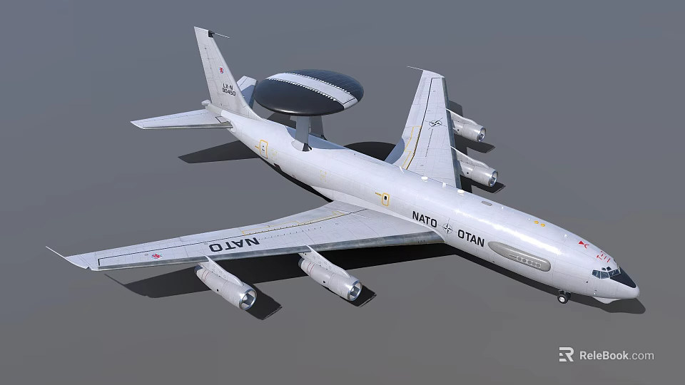 NATO White Fighter Jet With Radar Dome Four Engines And Military Markings 3d model 