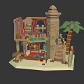 Cartoon Style Model Featuring Two Story Building Tower Staircase Palm Tree Tables Chairs And Curtains