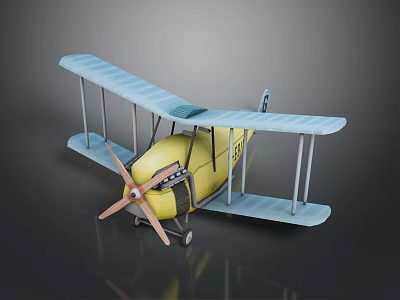 Vintage Style Toy Biplane Model With Yellow Body And Light Blue Wings 3d model