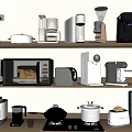 Various Kitchen Appliances Displayed on Shelves Including Coffee Maker Blender and Microwave 3d model