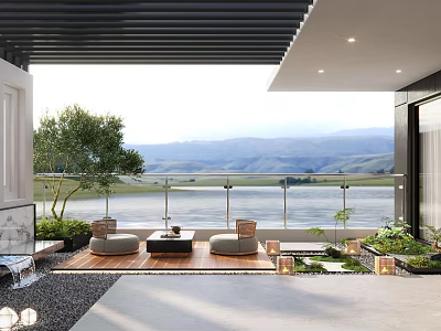 Rooftop Garden Outdoor Retreat With Comfy Seating Lush Greenery And Mountain View 3d model