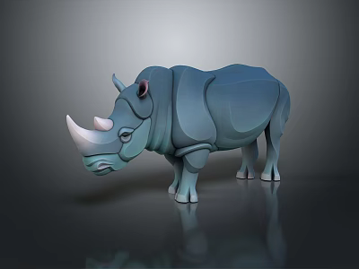 Cartoon Style Blue Rhinoceros 3D Model With White Horn And Surface Reflection 3d model