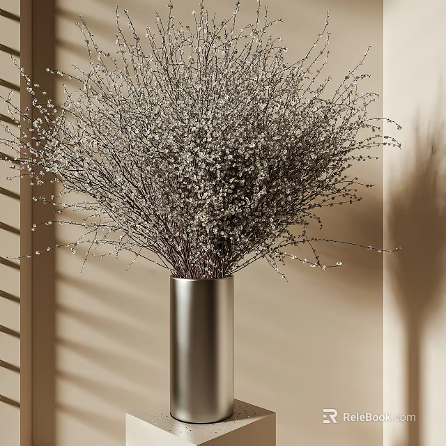 Dried Branches With White Flowers In Silver Vase Against Beige Wall With Window Blinds Shadows 3d model 