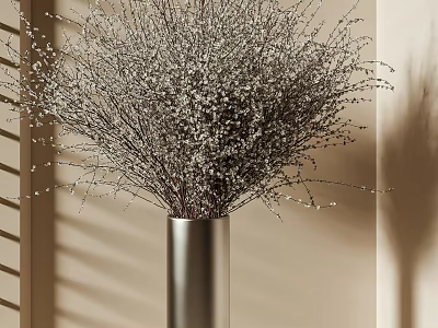 Dried Branches With White Flowers In Silver Vase Against Beige Wall With Window Blinds Shadows 3d model