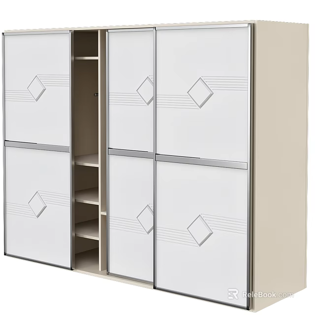 Modern White Wardrobe With Sliding Doors And Diamond Patterned Striped Details 3d model