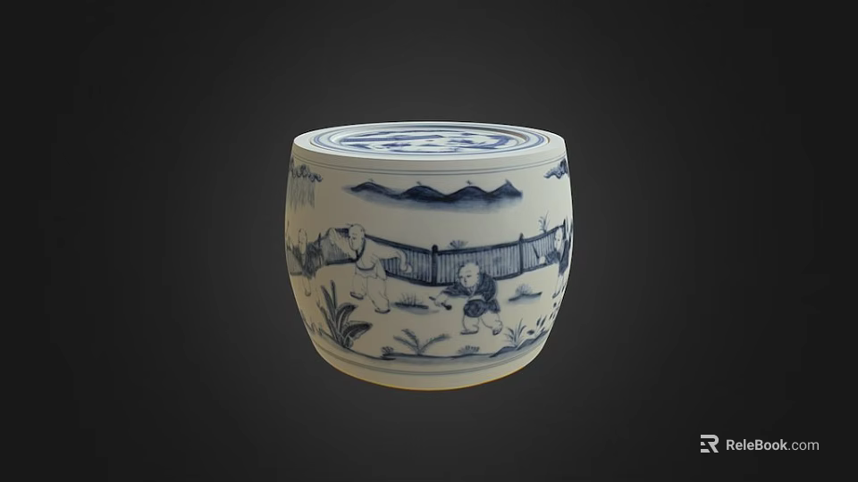 Traditional Blue and White Porcelain Jar with Botanical Patterns and Scenic Plant Motifs 3d model 