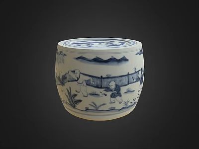 Traditional Blue and White Porcelain Jar with Botanical Patterns and Scenic Plant Motifs 3d model