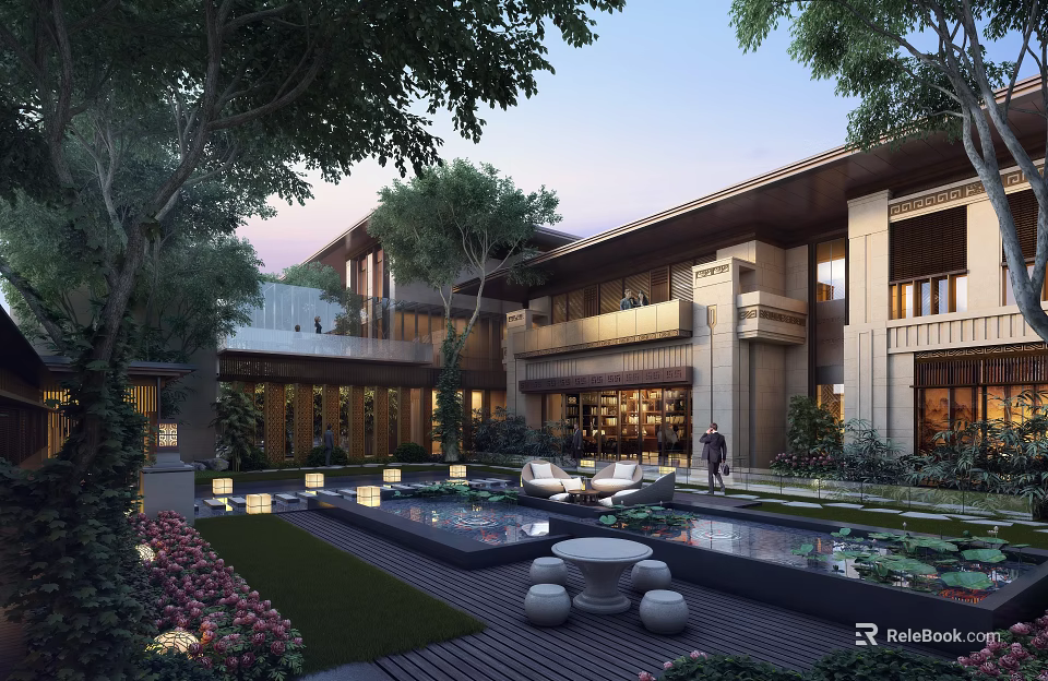 Traditional Chinese Garden Landscape With Courtyard Water Feature Lush Greenery Stone Path And Illuminated Lights 3d model 