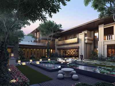 Traditional Chinese Garden Landscape With Courtyard Water Feature Lush Greenery Stone Path And Illuminated Lights 3d model