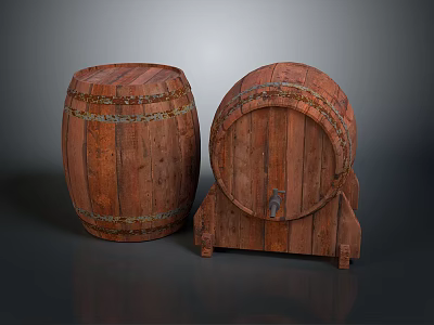 Vintage Wooden Barrels Two Pieces Standing And Lying With Tap For Home Decor 3d model