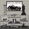 Ornamental Decor Set On Modern Shelf With Giant Chess Piece Hourglass Airplane Model Car Model
