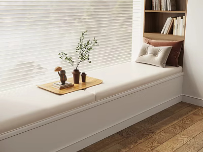 Cushioned Window Seat With Window Blinds Wooden Tray Small Decor Plant Adjacent Bookshelf Wooden Floor 3d model