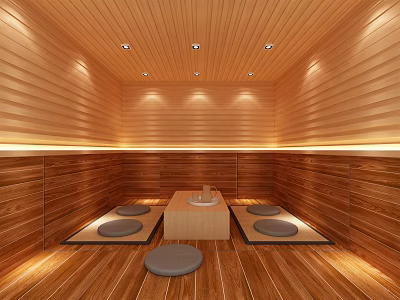 Cozy Modern Sauna Interior Design With Wooden Walls Flooring Ceiling Lights Table And Mats 3d model