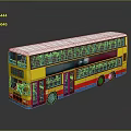 Yellow Double Decker Bus Model with Red Blue Stripes White Roof Red Wheels and Reflection
