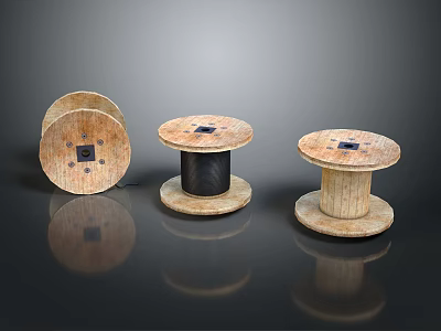 Vintage Wooden Thread Spools With Metal Core And Rustic Decorative Design 3d model