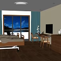 Cozy Bedroom Interior With Wooden Flooring Green Curtains TV And Paintings