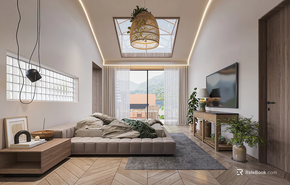 Modern Bedroom Interior With Large Bed Skylight Floor To Ceiling Windows And Green Plants 3d model 