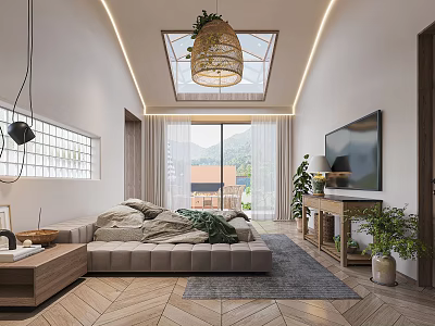 Modern Bedroom Interior With Large Bed Skylight Floor To Ceiling Windows And Green Plants 3d model