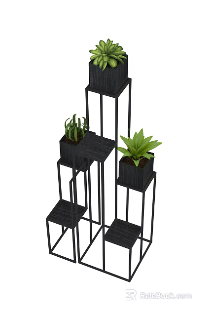 Modern Black Metal Plant Stand With Multiple Layers And Green Plants 3d model 