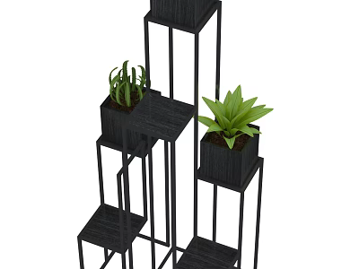 Modern Black Metal Plant Stand With Multiple Layers And Green Plants 3d model
