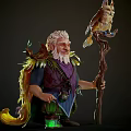 Man with White Hair Beard Holding Staff with Owl Leaf Decorations and Green Glowing Object