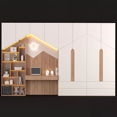 Modern Wooden Wardrobe Design With White Panels Storage Shelves And Drawers 3d model