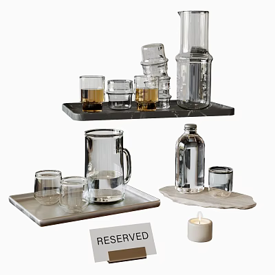 Modern Clear Glass Cups With Tray Pitcher And Candle Table Decor 3d model