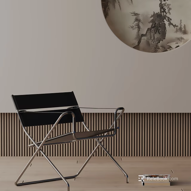 Stylish Black Dining Chair With Metal Frame Against Wooden Slat Wall And Circular Decorative Painting 3d model 