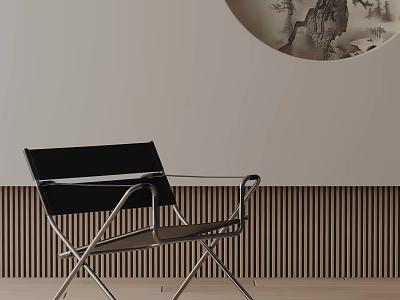 Stylish Black Dining Chair With Metal Frame Against Wooden Slat Wall And Circular Decorative Painting 3d model