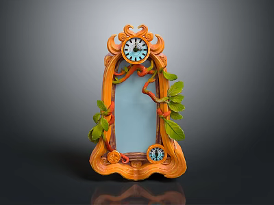 Ornate Orange Frame Decorative Mirror With Green Leaves Vines And Double Clocks 3d model
