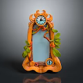 Ornate Orange Frame Decorative Mirror With Green Leaves Vines And Double Clocks