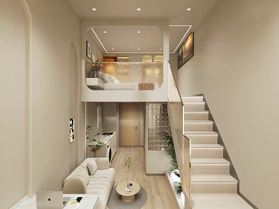 Modern Loft Apartment Interior With Stairs Sofa And Plants 3d model