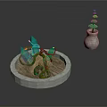 Round Stone Platform With Green Plant Sculpture And White Vase