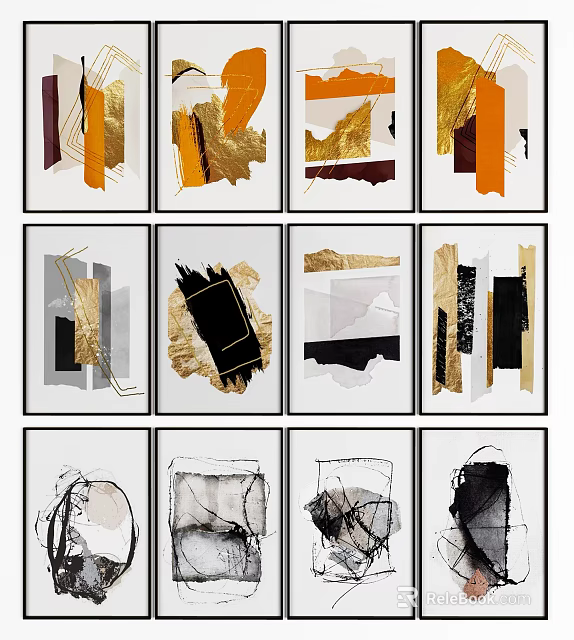 Modern Abstract Paintings With Gold Black Orange Brush Strokes And Framed Design 3d model 