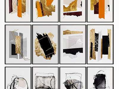 Modern Abstract Paintings With Gold Black Orange Brush Strokes And Framed Design 3d model