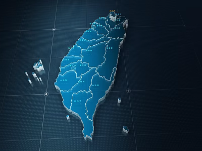 3D Taiwan Map Model With Blue Color And White Markers On Grid Background 3d model