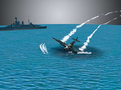 Airplane Crashing Into Sea With Warship And Smoke Trails In Background 3d model