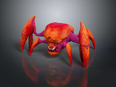3D Model Of Red Purple Fantasy Creature With Multiple Legs Fierce Open Mouth And Claws 3d model