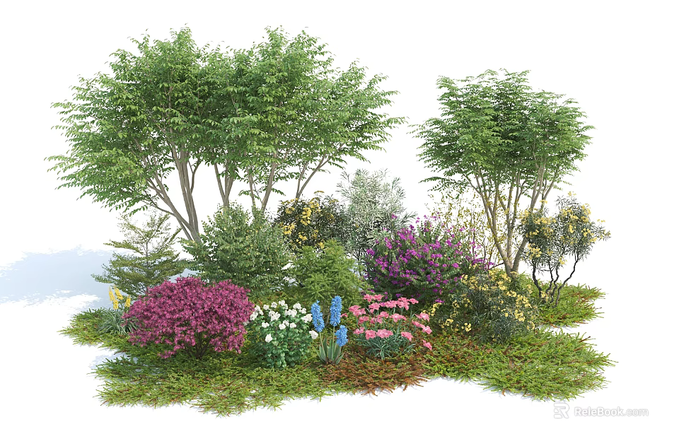 Colorful Shrubs With Pink Purple White Blue Flowers and Lush Green Foliage in Garden 3d model 