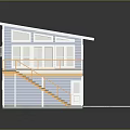 Cartoon Style House Scene With Blue Exterior Gray Roof Yellow Railing Balcony Garage And Staircase