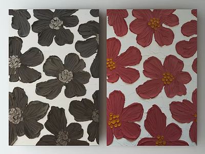 Textured Floral Decorative Artworks With Black And Red Flowers On White Background 3d model