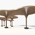 Multiple Modern Wooden Pergolas with Curved Striped Canopy and Black Bases 3d model