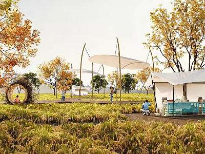 Beautiful Park Landscape With Tall Grass Autumn Trees White Canopies Circular Ring And People Relaxing 3d model