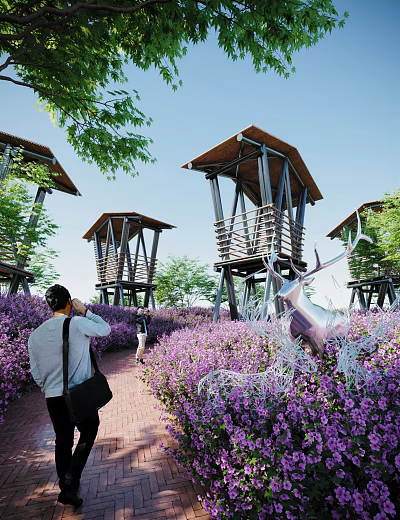 Scenic Wooden Metal Towers With Canopy Roofs In Purple Flower Fields And Deer Sculptures 3d model
