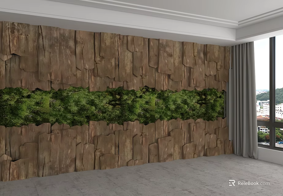 Wooden Background Wall Design With Green Foliage Decoration For Modern Interior Room 3d model 