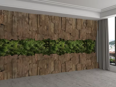 Wooden Background Wall Design With Green Foliage Decoration For Modern Interior Room 3d model