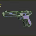 Futuristic Pistol Weapon Featuring Purple Grip Blue Accents Detailed Muzzle And Metallic Finish