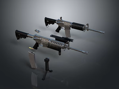 Modern Tactical Rifles With Detachable Magazines Black Stocks And Silver Barrels 3d model